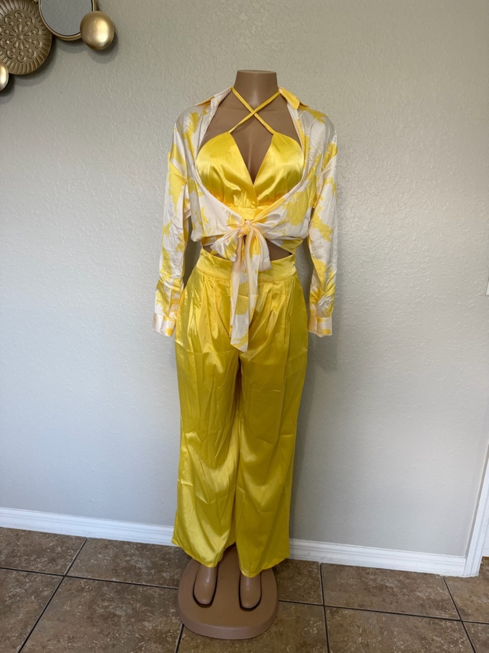 Yellow Satin Two-Piece Set with Printed Tie-Front Shirt